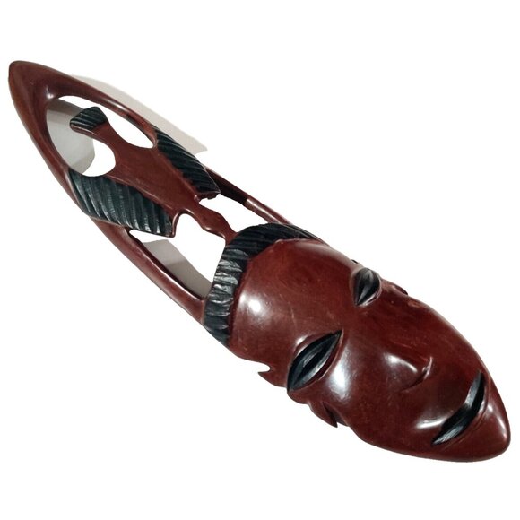 VINTAGE Folk Art Hand Carved Wood Face Tribal Wall Art Woman Long Mask 13.5x3" - Picture 4 of 15